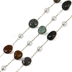 Ion Plating(IP) 304 Stainless Steel Paperclip Chains, with Natural Indian Agate Beaded and ABS Plastic Pearl, Real 18K Gold Plated, 11x7x4x5mm, about 32.81 Feet(10m)/Roll(CHS-D037-01E)