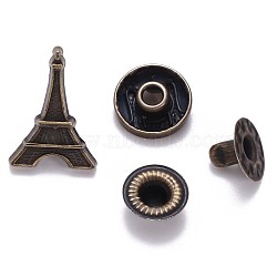 Brass Snap Buttons, Alloy Cap, Garment Buttons, Cadmium Free & Lead Free, Eiffel Tower Shape, Antique Bronze, Cap: 18.5X13mm, Pin: 3mm, Stud: 10x4mm, knob: 4.5mm & 10x6.5mm, knob: 3.5mm, Socket: 12x4mm, half-drill: 5mm(X-SNAP-S012-003-RS)