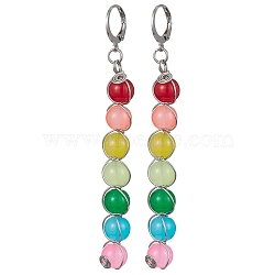 304 Stainless Steel Leverback Earrings, Colorful Glass Round Beaded Long Drop Earrings, Stainless Steel Color, 80x8~8.5mm(EJEW-JE05606-02)