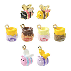 8Pcs 8 Styles Alloy Enamel Pendants, Golden, Honey Jar & Bees Charms, Mixed Color, 13~14x10~11x9~11mm, Hole: 1.5mm, 1pc/style(ENAM-CJ0007-36)