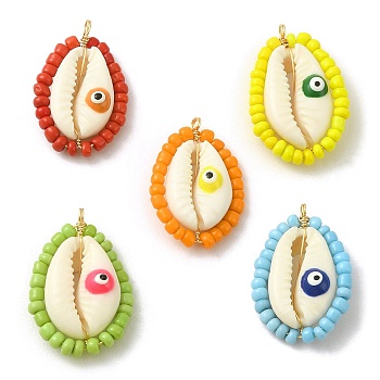 5Pcs 5 Colors Glass Seed Beaded Copper Wire Wrapped Shell Pendants, Shell Shape Charms with Evil Eye, Golden, Mixed Color, 28~31x18.5~20x8~8.5mm, Hole: 2mm, 1pc/color