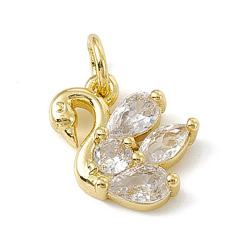 Brass Micro Pave Cubic Zirconia Charms, with Jump Rings, Swan Charms, Real 18K Gold Plated, 12x12x3mm, Hole: 3.4mm