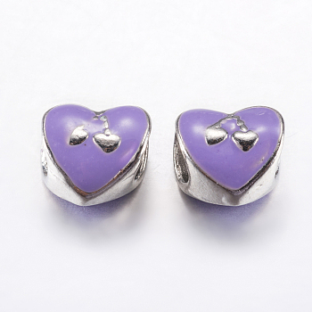 Alloy Enamel European Beads, Large Hole Beads, Heart with Cherry, Platinum, Purple, 10x10x7.5mm, Hole: 5mm