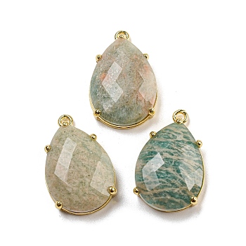 Natural Amazonite Pendants, Rack Plating Brass Faceted Teardrop Charms, Golden, 24~24.5x16~16.5x7mm, Hole: 1.5mm