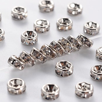 Brass Rhinestone Spacer Beads, Grade AAA, Straight Flange, Nickel Free, Platinum Metal Color, Rondelle, Crystal, 4x2mm, Hole: 1mm
