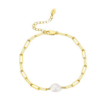 Natural Freshwater Pearls Bead Link Bracelets, with Adjustable 925 Sterling Silver Paperchip Chain Bracelets for Women, with S925 Stamp, Real 14K Gold Plated, 7-1/8 inch(18cm)