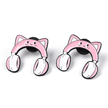 Earphone Enamel Pin, Cartoon Alloy Brooch for Backpack Clothes, Electrophoresis Black, Pink, 28x30x2mm, Pin: 1mm