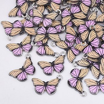 Printed Alloy Pendants, with Enamel, Butterfly, Platinum, Pink, 13x20x2mm, Hole: 1.6mm