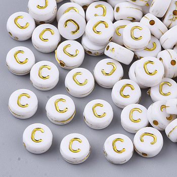 Plating Acrylic Beads, Golden Metal Enlaced, Horizontal Hole, Flat Round with Alphabet, White, Letter.C, 7x3.5mm, Hole: 1.2mm, about 3600pcs/500g
