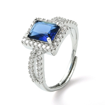 Brass Micro Pave Cubic Zirconia Ring, Long-Lasting Plated, Rectangle, Cornflower Blue, US Size 7 1/4(17.5mm)