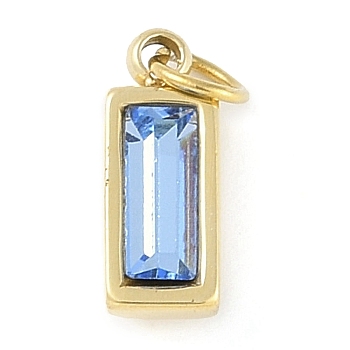 Glass Pendants, with Ion Plating(IP) 304 Stainless Steel Findings, Manual Polishing, with Jump Ring, Rectangle Charms, Real 18K Gold Plated, Light Sky Blue, 11x4x3.5mm, Hole: 2.5mm