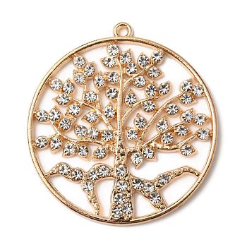 Zinc Alloy Pendants, with Crystal Rhinestone, Flat Round with Tree of Life, Light Gold, 48.5x45x3mm, Hole: 1.8mm