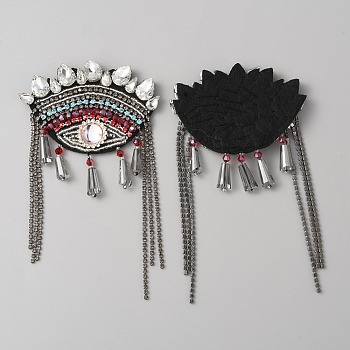 Eye Handmade Rhinestone Beaded Tassel Appliques, Felt Sew on Patches, Sewing Craft Decoration, Colorful, 135x79x7.5mm