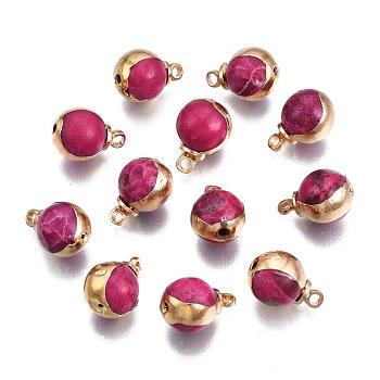 Natural Regalite/Imperial Jasper/Sea Sediment Jasper Charms, with Brass Findings, Round, Golden, Red, 12x9x8.5mm, Hole: 1mm