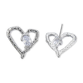 Clear Cubic Zirconia Heart Stud Earrings, Brass Jewelry for Women, Cadmium Free & Nickel Free & Lead Free, Real Platinum Plated, 19.5x20mm, Pin: 0.7mm