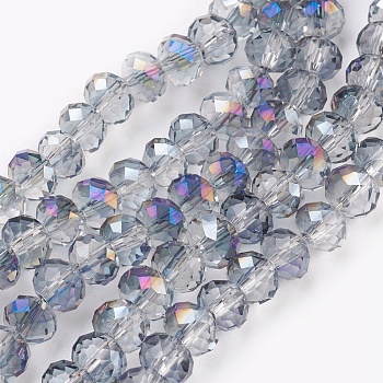 Electroplate Glass Beads Strands, Opalite, Half Rainbow Plated, Faceted, Rondelle, Light Steel Blue, 6x4~5mm, Hole: 0.8~1mm, about 88~92pcs/strand, 15.5 inch~16 inch(39~45cm)