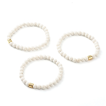 Round Natural Lava Rock Beads Stretch Bracelet for Girl Women, Column Brass Micro Pave Cubic Zirconia Beads Bracelet, Golden, Mixed Pattern, White, Inner Diameter: 2-1/4 inch(5.6cm)