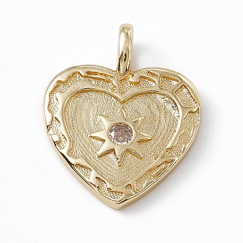 Rack Plating Brass Cubic Zirconia Pendants, Heart-Shaped with Sun Charm, Long-Lasting Plated, Lead Free & Cadmium Free, Real 18K Gold Plated, 23.5x19x2.8mm, Hole: 3.2x4.5mm