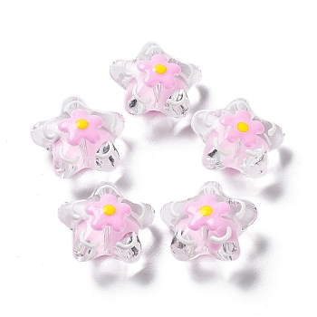 Handmade Lampwork Beads, with Enamel, Star with Flower, Pearl Pink, 20~20.5x21~21.5x11.5~12mm, Hole: 1.6mm