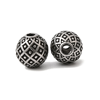 304 Stainless Steel Beads, Antique Silver, Round with Rhombus, 8.5x9mm, Hole: 2mm