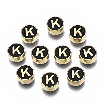 Alloy Enamel Beads, Cadmium Free & Lead Free, Light Gold, Flat Round with Alphabet, Black, Letter.K, 8x4mm, Hole: 1.5mm