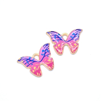 Alloy Enamel Pendants, Butterfly Charms, Light Gold, Hot Pink, 21x15mm