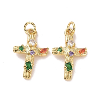 Cross Brass Micro Pave Colorful Cubic Zirconia Pendants, with Jump Rings, Cadmium Free & Lead Free, Real 18K Gold Plated, 20x13x3mm, Hole: 3.4mm