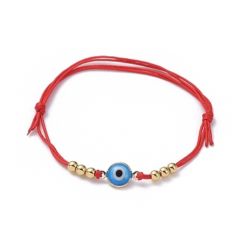 Adjustable Nylon Thread Braided Bead Bracelets, with Brass Beads and Brass Enamel Evil Eye Links connectors, Blue, 1-3/4 inch(46mm)~3-1/4 inch(82mm)