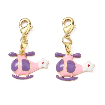 Helicopter Brass Enamel Pendant Decorations, with Lobster Claw Clasps, Rack Plating, Long-Lasting Plated, Cadmium Free & Lead Free, Golden, Pink, 34mm