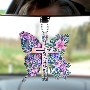 Colorful Butterfly Faith Jesus Cross Acrylic Pendant Decoration, for Car Rear View Mirror Hanging Ornament,, 308mm, Pendant: 73x73x4mm