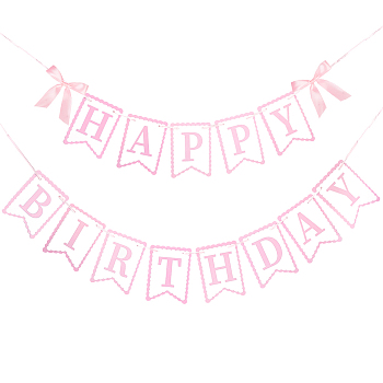 Word Happy Birthday Paper Card & Satin Bowknot Hanging Banners, for Birthday Party Decorations, Pink, 170x125x0.2mm