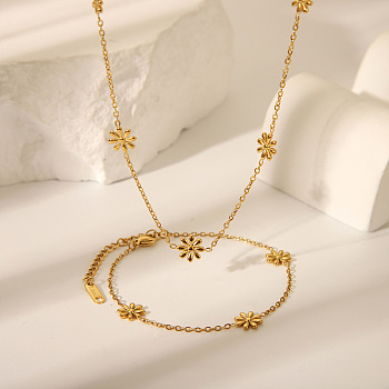 Elegant 304 Stainless Steel Daisy Link Chain Necklaces and Bracelets Sets for Women, Real 18K Gold Plated