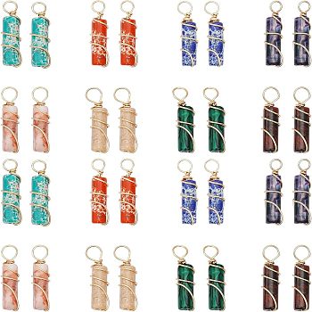 32Pcs 8 Style Natural & Synthetic Gemstone Pendants, with Golden Tone Copper Wire Wrapped, Column Charm, 18.5~20x5~5.5mm, Hole: 2.5mm, 4pcs/style, 32pcs/box