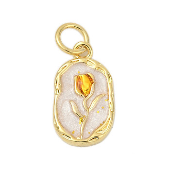 Brass Enamel Pendants, with Jump Ring, Oval with Flower Charms, Rack Plating, Lasting Plated, Cadmium Free & Lead Free, Real 18K Gold Plated, Seashell Color, 15.5x9x1.5mm, Hole: 3mm