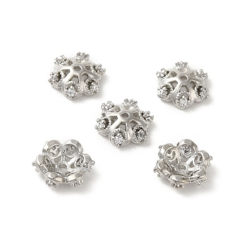 Rack Plating Brass Beads Caps, with Cubic Zirconia, Long-Lasting Plated, Lead Free & Cadmium Free, Flower, Platinum, 8.4x8.4x3mm, Hole: 1mm