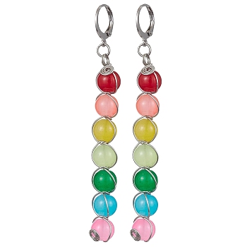 304 Stainless Steel Leverback Earrings, Colorful Glass Round Beaded Long Drop Earrings, Stainless Steel Color, 80x8~8.5mm