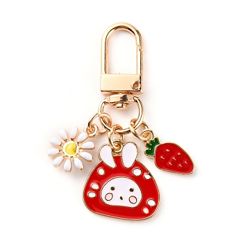 Alloy Enamel Pendant Keychains, with Alloy Key Clasps, Flower & Rabbit & Carrot, Red, 5.65cm