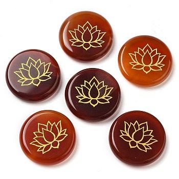 Natural Red Agate(Dyed & Heated) Cabochons, Flat Round with Engraved Gold Lotus Flower, 25~26x6~7mm