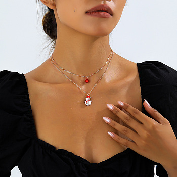 Christmas Iron & Alloy & Resin Bell Pendant Double Layer Necklaces, White, Golden, Snowflake, 14.57 inch(37cm), pendant: 29x17mm & 8mm
