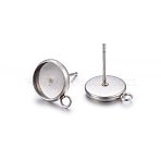 Non-Tarnish 304 Stainless Steel Stud Earring Settings, with Loop, Flat Round, Stainless Steel Color, Tray: 12mm, 16x14x2mm, Hole: 1.8mm, Pin: 0.8mm(STAS-H467-08P-14mm)