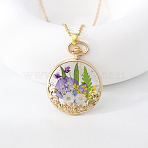 Alloy & Resin Dried Flower Pendant Necklaces, Flat Round, Golden, Medium Purple, 17.72 inch(45cm)(WG445DE-02)