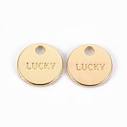 Rack Plating Alloy Charms, Cadmium Free & Lead Free, Flat Round with Word Luck, Light Gold, 11x1mm, Hole: 2mm(X-PALLOY-N155-87-RS)