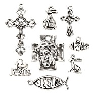 80Pcs 8 Style Tibetan Style Alloy Pendants, Rabbit & Ichthus & Heart & Word & Crucifix Cross & Cross with Jesus, for Easter, Antique Silver, 11~43.5x9.5~26x2~7mm, Hole: 1.5~3mm, 10pcs/style(X1-FIND-LS0001-41AS)