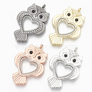 Alloy Magnetic Locket Big Pendants, with Rhinestone and Glass, Owl, Mixed Color, 60x39.5x7.5mm, Hole: 3.5mm, Inner Measure: 15x21mm(PALLOY-T052-03)