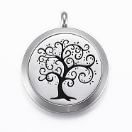 316 Surgical Stainless Steel Diffuser Locket Pendants, with Perfume Pad and Magnetic Clasps, Flat Round with Tree of Life, Stainless Steel Color, Black, 37x30x6.5mm, Hole: 5mm, inner diameter: 23mm(STAS-H404-14E)