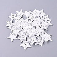 Natural Poplar Wood Pendants, Spray Painted, for Christmas, Star, White, 26.5~30x30~31x2.5mm, Hole: 2mm(WOOD-D010-11B)