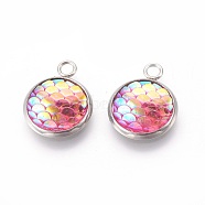 Resin Pendants, with 304 Stainless Steel Finding, Flat Round with Mermaid Fish Scale Shaped, Stainless Steel Color, Pearl Pink, 18x14x3.5mm, Hole: 2mm(RESI-L024-01)