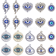 40Pcs 10 Styles Alloy Crystal Rhinestone Pendants, with Enamel Evil Eye, Heart & Flat Round Charms, Mixed Color, 17.5~29x14~22x2~2.5mm, Hole: 1.6~2mm, 4pcs/style(FIND-SC0006-73)