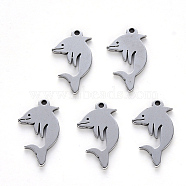 304 Stainless Steel Pendants, Laser Cut, Dolphin, Stainless Steel Color, 18x10x1mm, Hole: 1.2mm(X-STAS-N092-25)