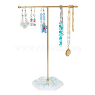 Golden Tone T Bar Iron Earring Displays Stands, with Marble Stone Base, Jewelry Display Rack, Jewelry Tree Stand for Earring, Ring, Necklace, Bracelet Storage, White, Finished Product: 9.1x10.5x25.8cm(EDIS-WH0035-23A)